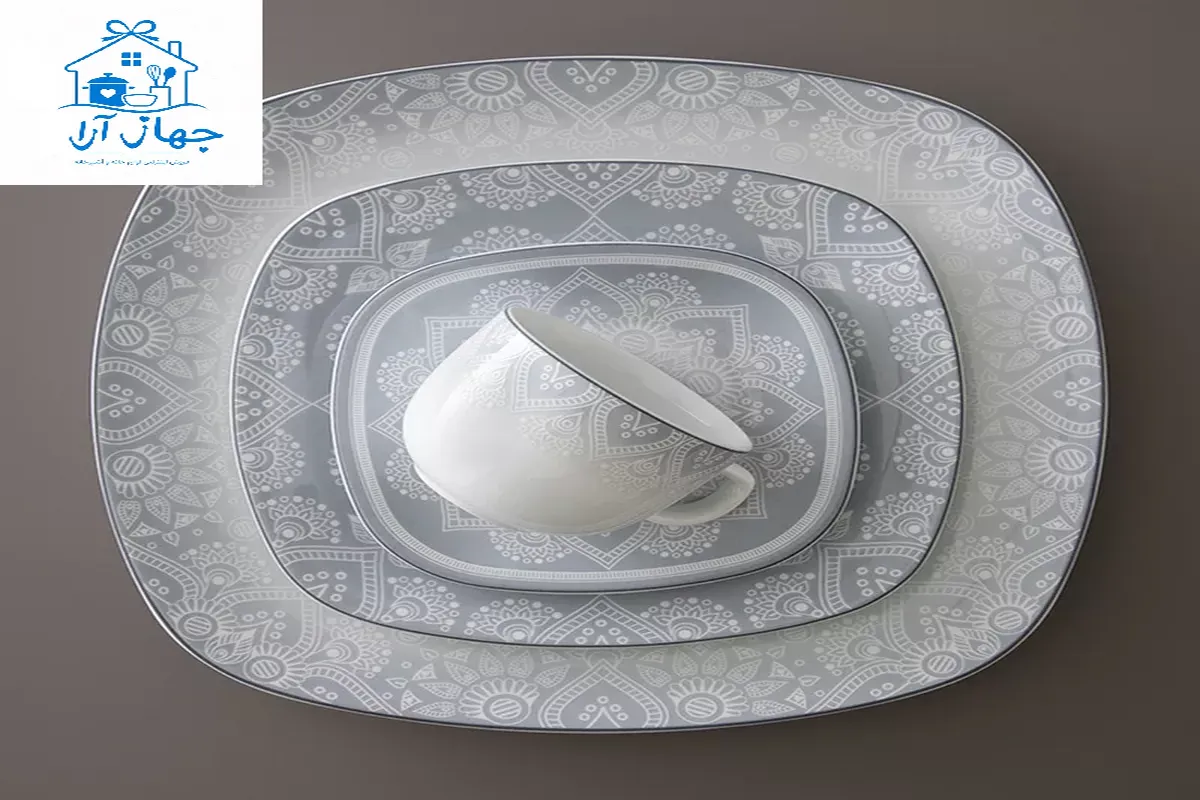 خرید سرویس چینی زرین طرح آدلین طوسی با فناوری دکور داخل لعابی